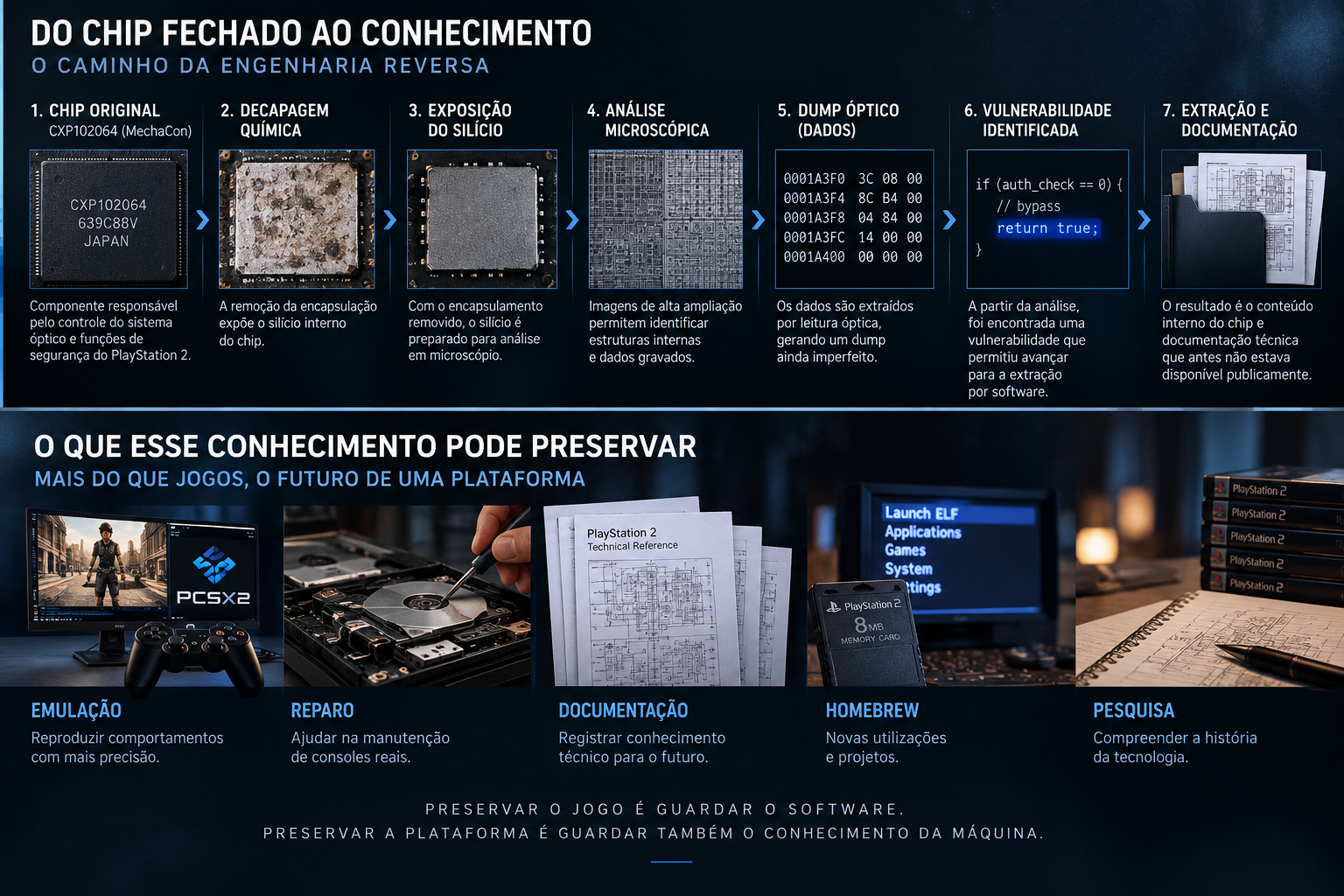 Diagrama mostrando como o conhecimento do chip MechaCon do PlayStation 2 foi recuperado por decapagem, análise microscópica, dump óptico e extração por software, e como isso pode ajudar emulação, reparo, documentação e pesquisa.
