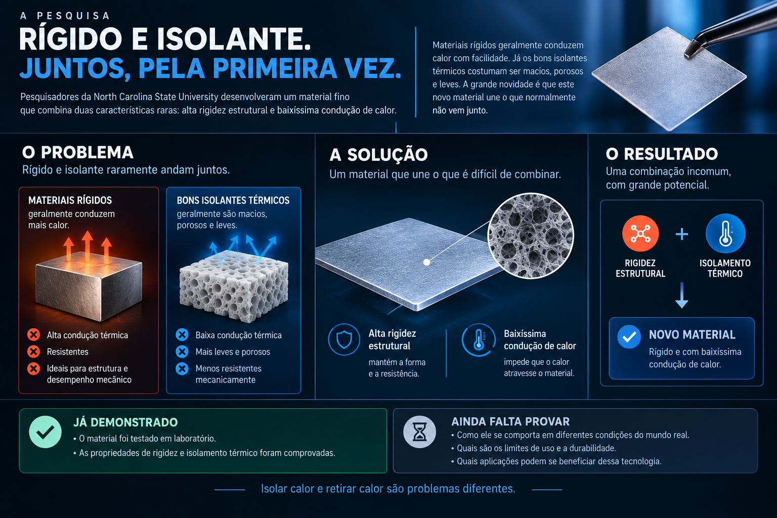Diagrama explicando como o novo material combina alta rigidez e isolamento térmico e quais etapas ainda faltam para uso comercial.