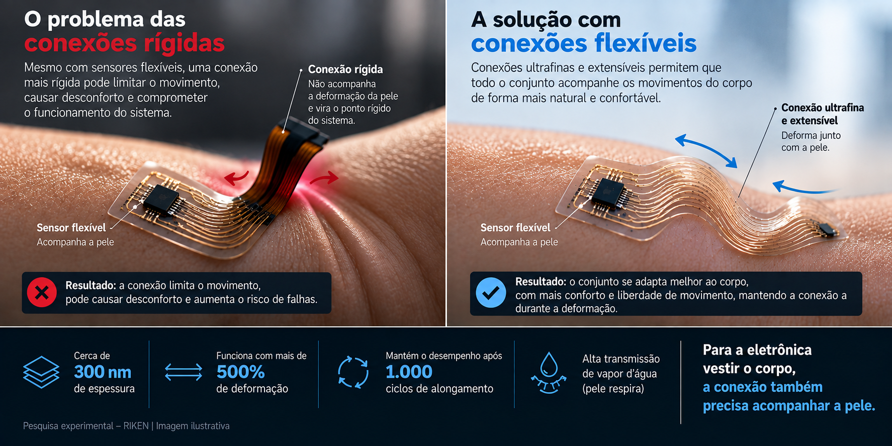 Diagrama comparando uma conexão rígida com uma conexão flexível em dispositivos vestíveis e mostrando como a interface pode acompanhar melhor a pele e o movimento.