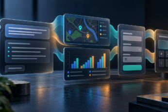 Interface de conversa se transformando em mapa, gráfico, formulário e calculadora