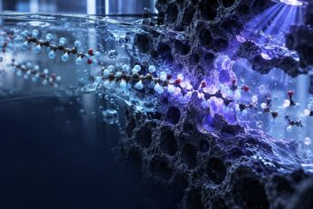 Representação de moléculas de PFAS confinadas em material poroso sob luz ultravioleta